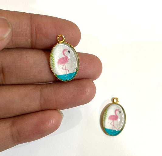 GN025 - Pack of 2pcs - Pink Flamingo  - Glass Pendants with Metal Base - ClartStudios - Polymer clay Jewellery