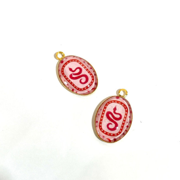 GN017 - Pack of 2pcs - Boho Red Snake - Glass Pendants with Metal Base - ClartStudios - Polymer clay Jewellery