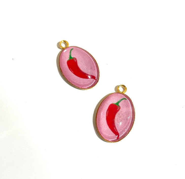 GN021 - Pack of 2pcs - Red Chilly - Glass Pendants with Metal Base - ClartStudios - Polymer clay Jewellery