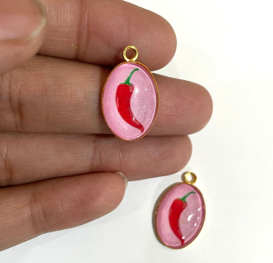 GN021 - Pack of 2pcs - Red Chilly - Glass Pendants with Metal Base - ClartStudios - Polymer clay Jewellery