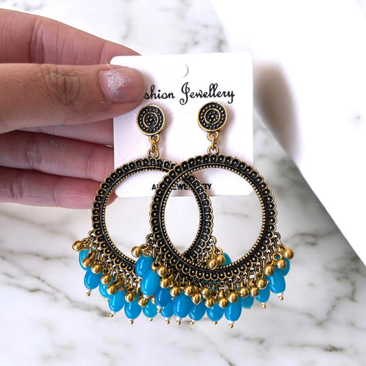 Golden Circle Oxidised Earring (Sky Blue Glass Beads) for Resin Art - ClartStudios - Polymer clay Jewellery