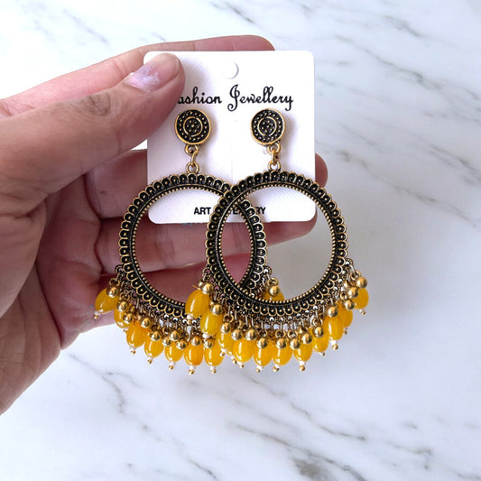 Golden Circle Oxidised Earring (Yellow Glass Beads) for Resin Art - ClartStudios - Polymer clay Jewellery