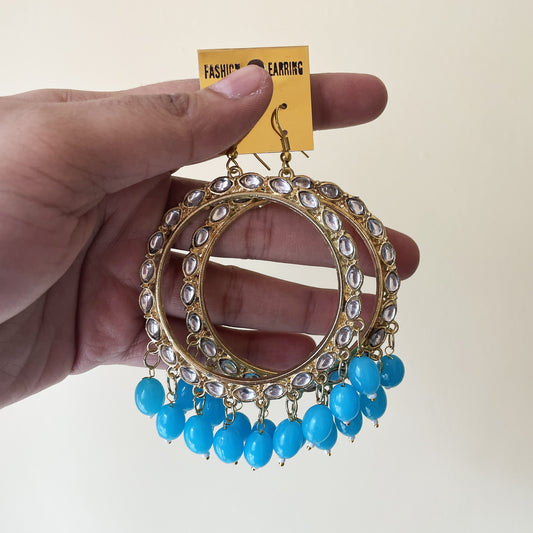 Golden Kundan Circle Jhumka Earring - Blue bead hanging - ClartStudios - Polymer clay Jewellery