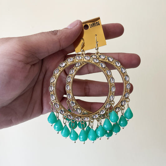 Golden Kundan Circle Jhumka Earring - Mint Green hanging - ClartStudios - Polymer clay Jewellery