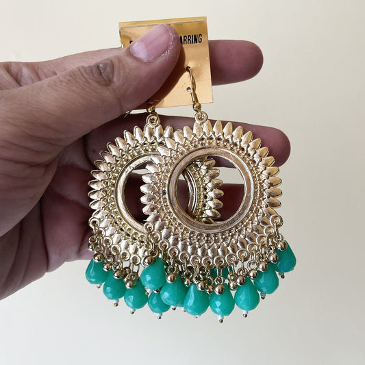 Mint Green Beads Golden Circle Jhumka Earring (Mediocre Quality - Clearance) - ClartStudios - Polymer clay Jewellery