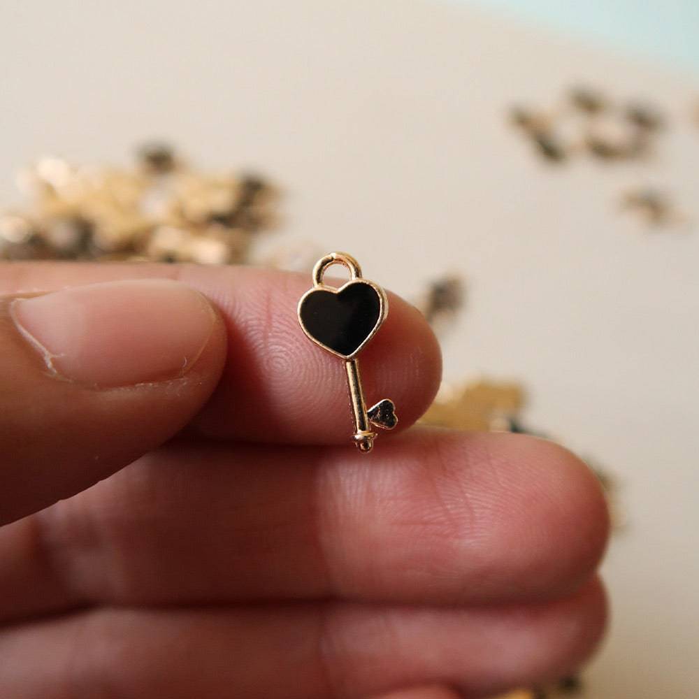 Heart Key Black Enamel Charm - 2 - ClartStudios - Polymer clay Jewellery