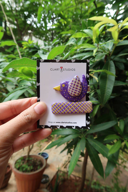 Purple Birdie Hair Clip - ClartStudios - Polymer clay Jewellery