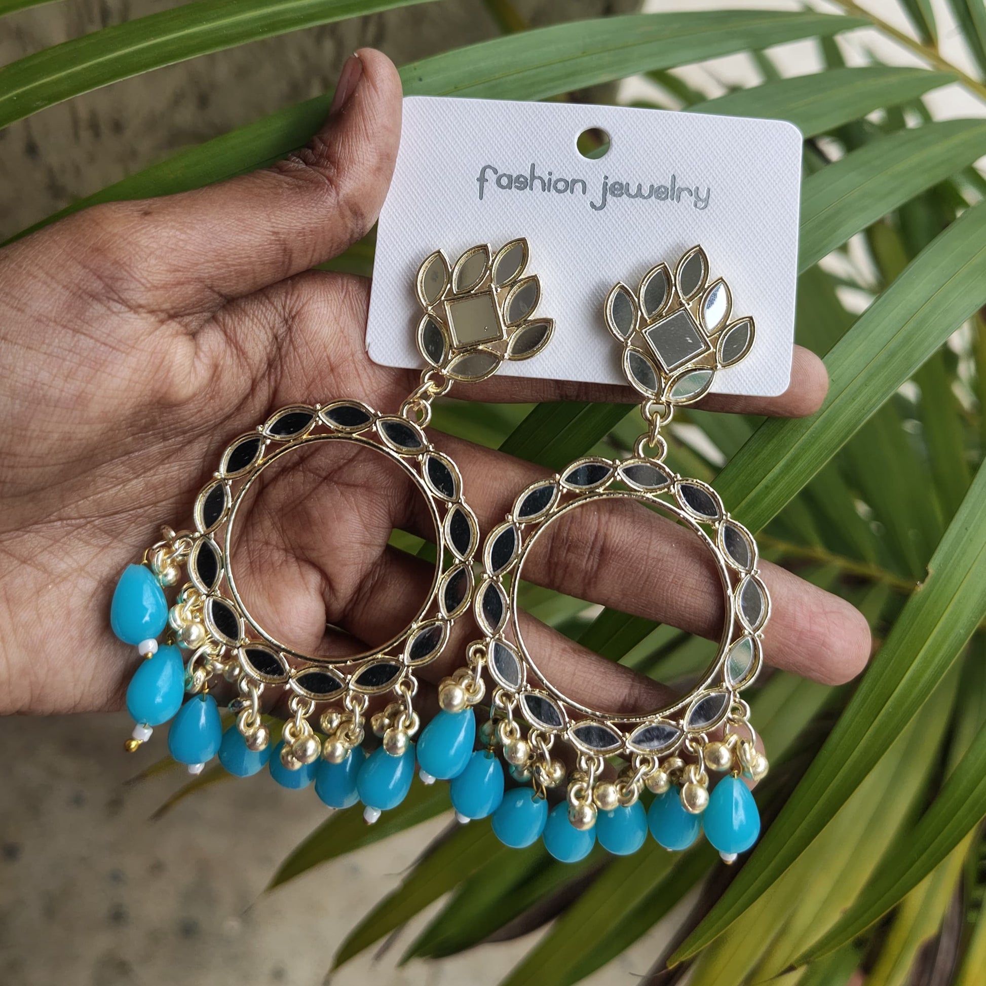 JB51 - Blue Beads Light Gold Mirror Earring - Best Quality - ClartStudios - Polymer clay Jewellery