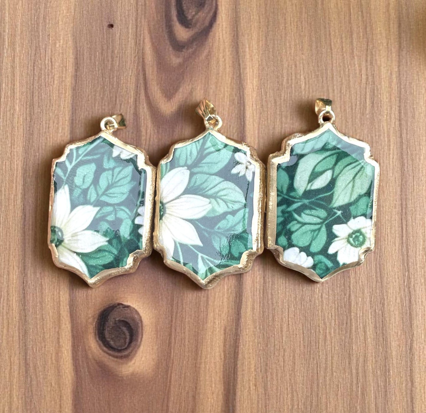 Green Floral Pattern Motif Shaped - Cold Porcelain Charms Pendant (With Bail) - ClartStudios - Polymer clay Jewellery