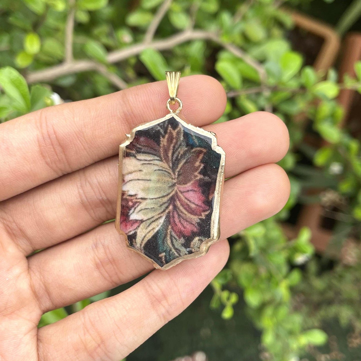 Black Fabric Floral Pattern Motif Shaped - Cold Porcelain Charms Pendant (With Bail) - ClartStudios - Polymer clay Jewellery