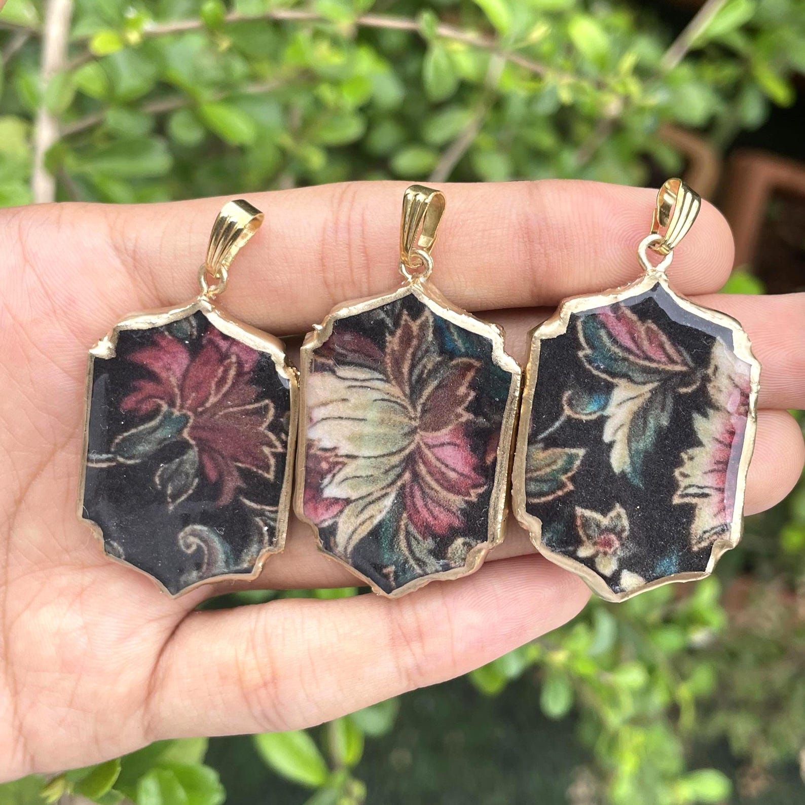 Black Fabric Floral Pattern Motif Shaped - Cold Porcelain Charms Pendant (With Bail) - ClartStudios - Polymer clay Jewellery