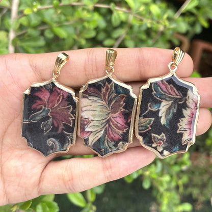 Black Fabric Floral Pattern Motif Shaped - Cold Porcelain Charms Pendant (With Bail) - ClartStudios - Polymer clay Jewellery