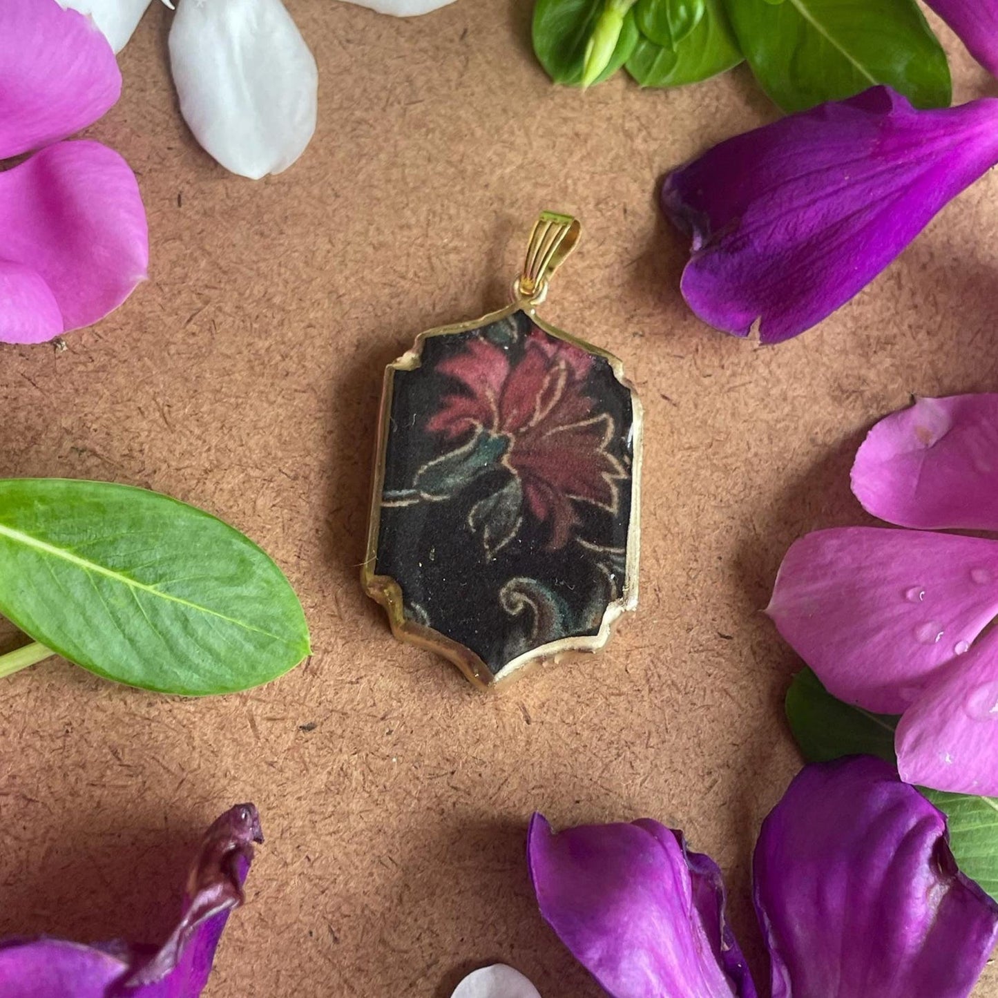 Black Fabric Floral Pattern Motif Shaped - Cold Porcelain Charms Pendant (With Bail) - ClartStudios - Polymer clay Jewellery