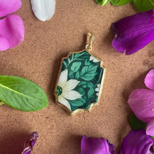 Green Floral Pattern Motif Shaped - Cold Porcelain Charms Pendant (With Bail) - ClartStudios - Polymer clay Jewellery