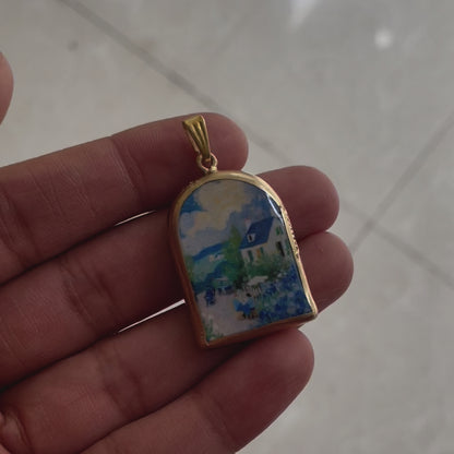 Blue House Blooms Pillar Shaped - Cold Porcelain Charms Pendant (With Bail)