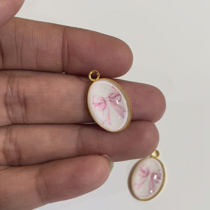GN08 - Pack of 2pcs - Pink Bow  - Glass Pendants with Metal Base