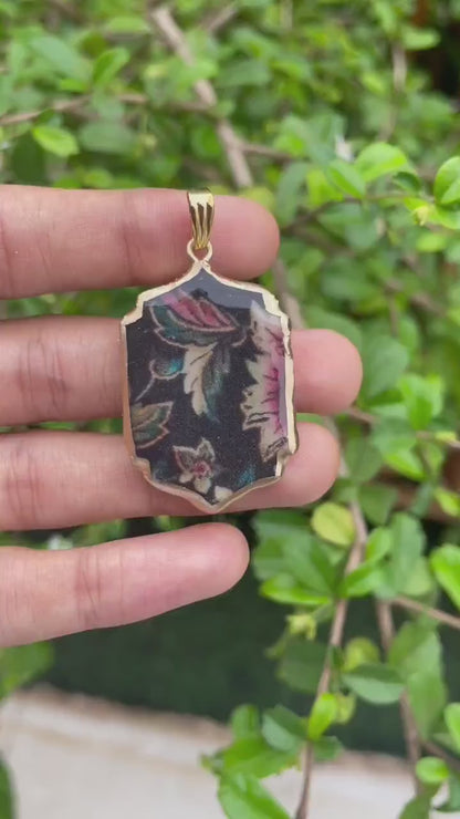 Black Fabric Floral Pattern Motif Shaped - Cold Porcelain Charms Pendant (With Bail)