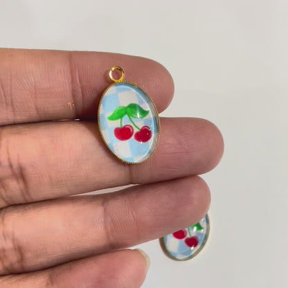 GN019 - Pack of 2pcs - Cherry with Checkers Background - Glass Pendants with Metal Base