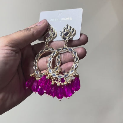 JB03 - Hot Pink Beads Light Gold Mirror Earring  - Best Quality