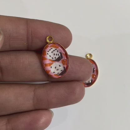 GN028 - Pack of 2pcs - Vintage Dice Play  - Glass Pendants with Metal Base