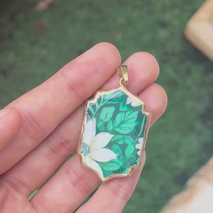 Green Floral Pattern Motif Shaped - Cold Porcelain Charms Pendant (Pack of 50)