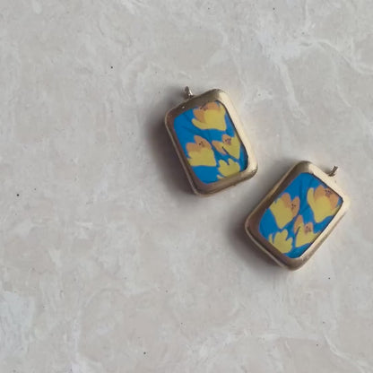 PO16 - Blue and Yellow Abstract Flowers - Cold Porcelain Charms Pendant (Dispatch in 7-9 Days)