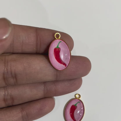 GN021 - Pack of 2pcs - Red Chilly - Glass Pendants with Metal Base