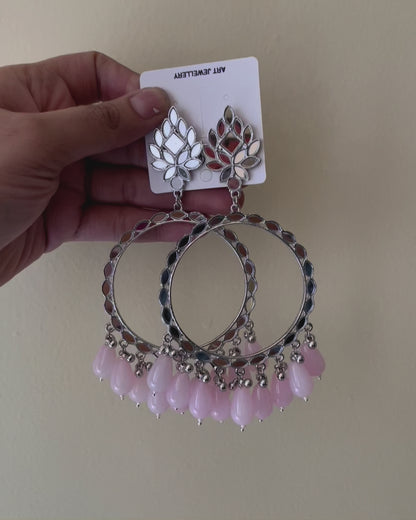 Silver Mirror Earring With Baby Pink Glass Beads for Resin Art